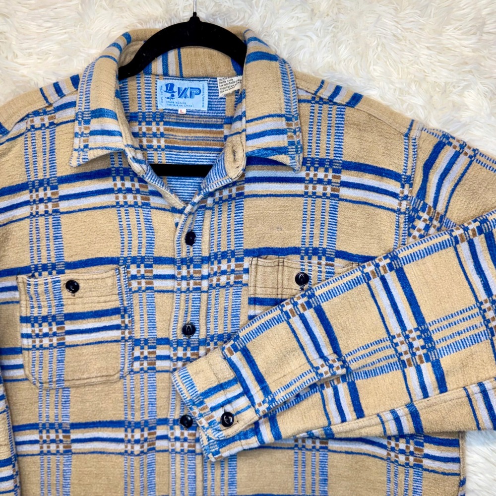 Vintage KP Men's Large Heavyweight Cotton Flannel Button Shirt Tan Blue Plaid